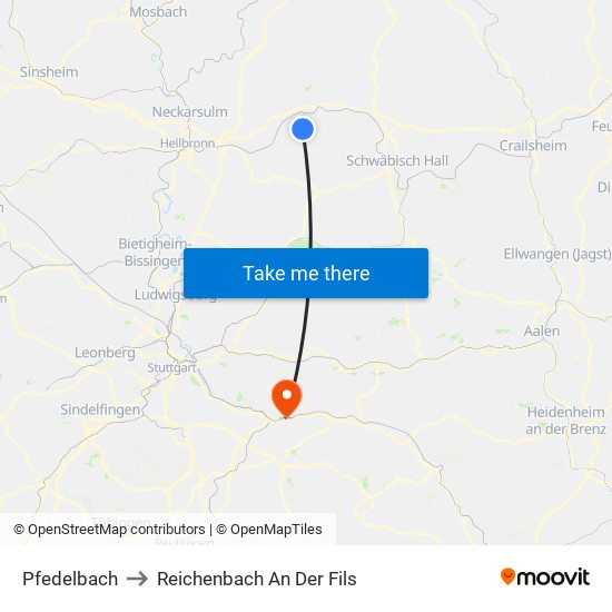Pfedelbach to Reichenbach An Der Fils map