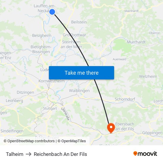 Talheim to Reichenbach An Der Fils map