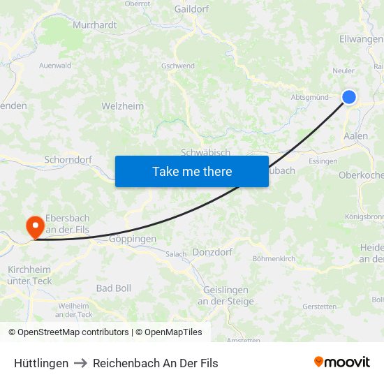 Hüttlingen to Reichenbach An Der Fils map