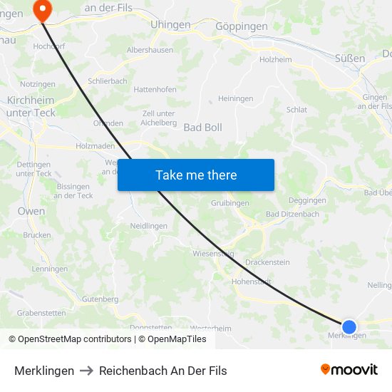 Merklingen to Reichenbach An Der Fils map