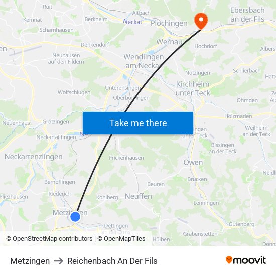 Metzingen to Reichenbach An Der Fils map