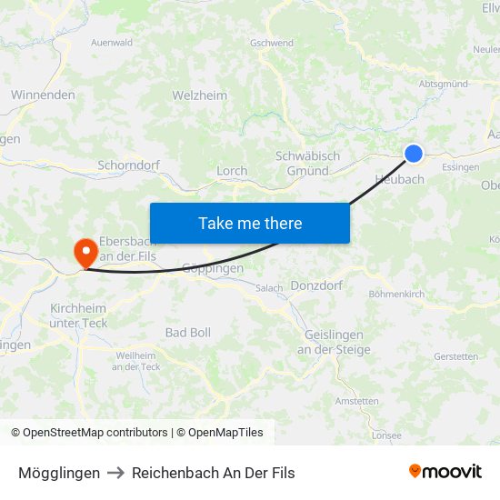 Mögglingen to Reichenbach An Der Fils map