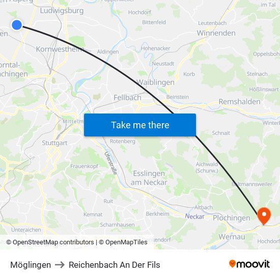 Möglingen to Reichenbach An Der Fils map