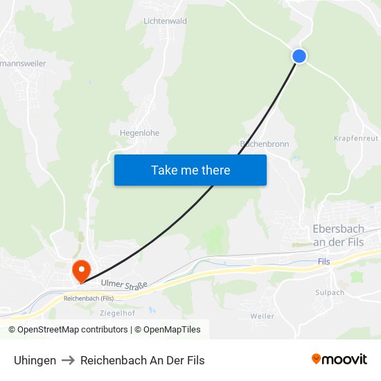 Uhingen to Reichenbach An Der Fils map