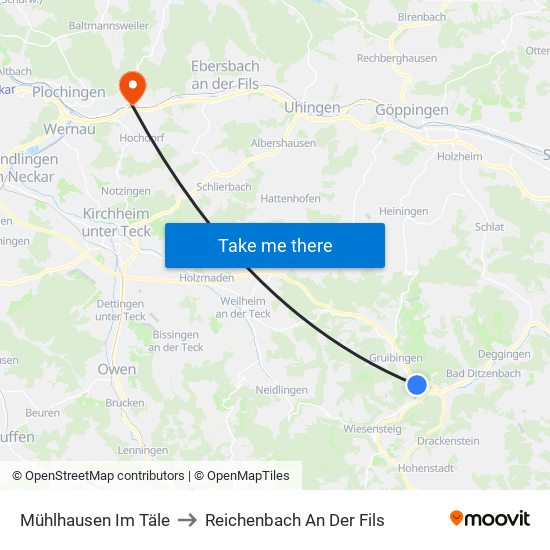 Mühlhausen Im Täle to Reichenbach An Der Fils map