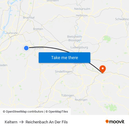 Keltern to Reichenbach An Der Fils map