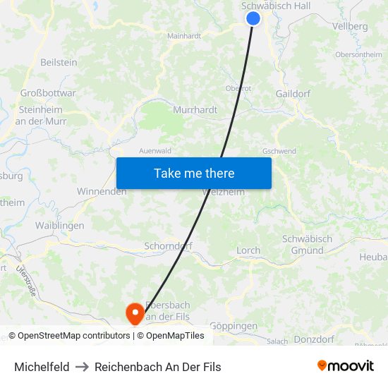 Michelfeld to Reichenbach An Der Fils map