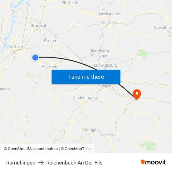 Remchingen to Reichenbach An Der Fils map