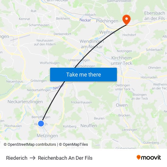 Riederich to Reichenbach An Der Fils map