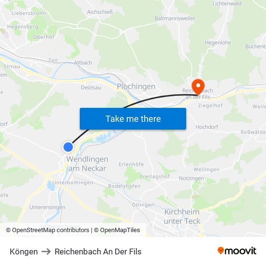 Köngen to Reichenbach An Der Fils map