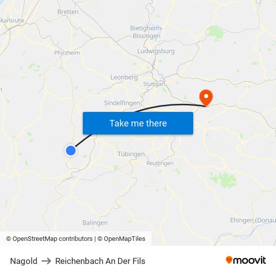 Nagold to Reichenbach An Der Fils map