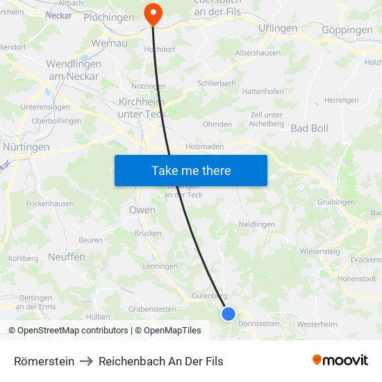 Römerstein to Reichenbach An Der Fils map