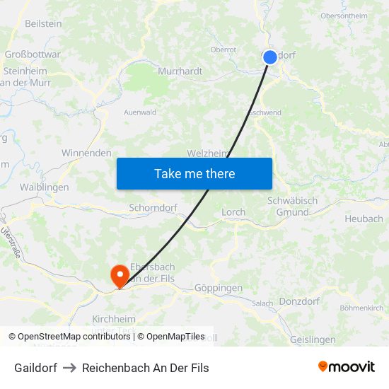 Gaildorf to Reichenbach An Der Fils map