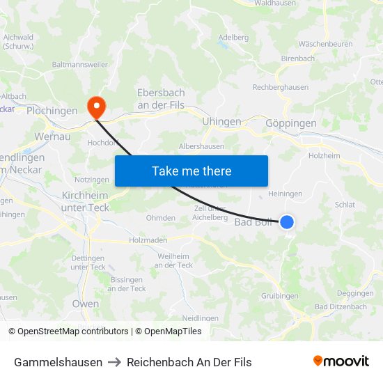 Gammelshausen to Reichenbach An Der Fils map