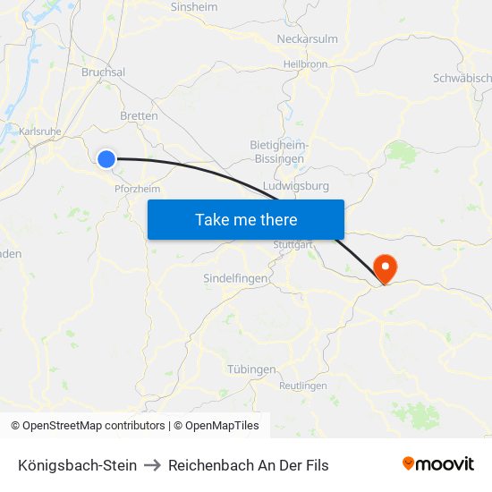 Königsbach-Stein to Reichenbach An Der Fils map