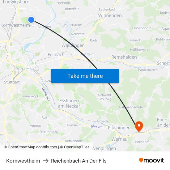 Kornwestheim to Reichenbach An Der Fils map