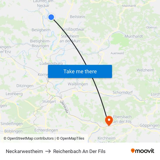 Neckarwestheim to Reichenbach An Der Fils map