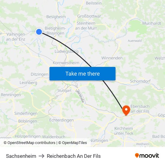 Sachsenheim to Reichenbach An Der Fils map