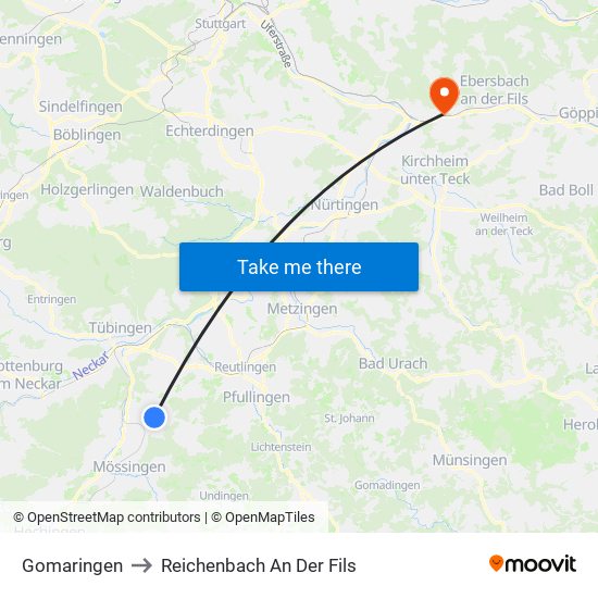 Gomaringen to Reichenbach An Der Fils map