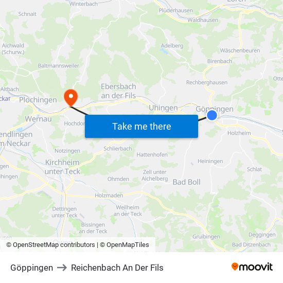 Göppingen to Reichenbach An Der Fils map