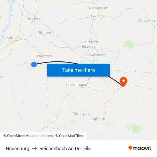 Neuenbürg to Reichenbach An Der Fils map