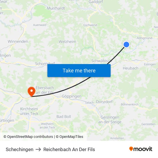 Schechingen to Reichenbach An Der Fils map