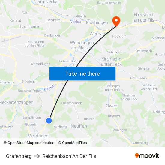 Grafenberg to Reichenbach An Der Fils map