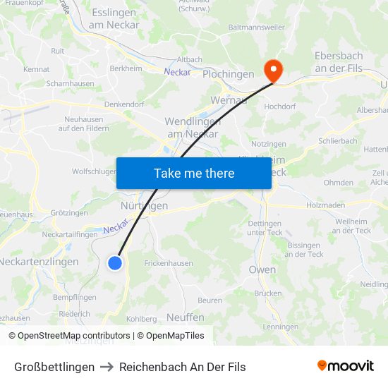 Großbettlingen to Reichenbach An Der Fils map