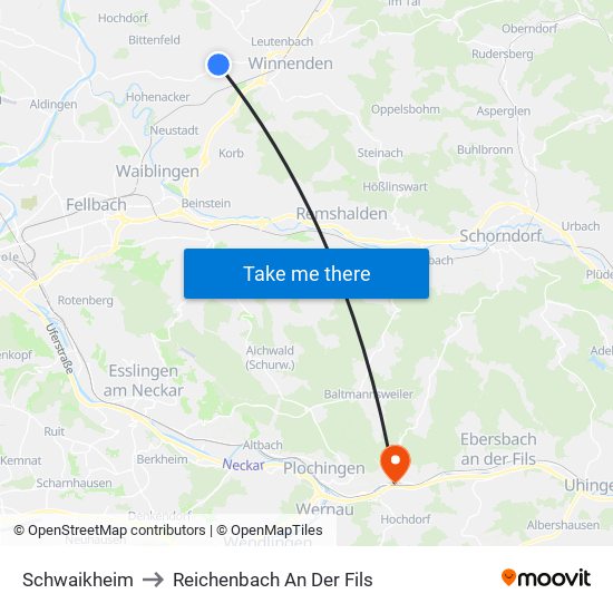 Schwaikheim to Reichenbach An Der Fils map