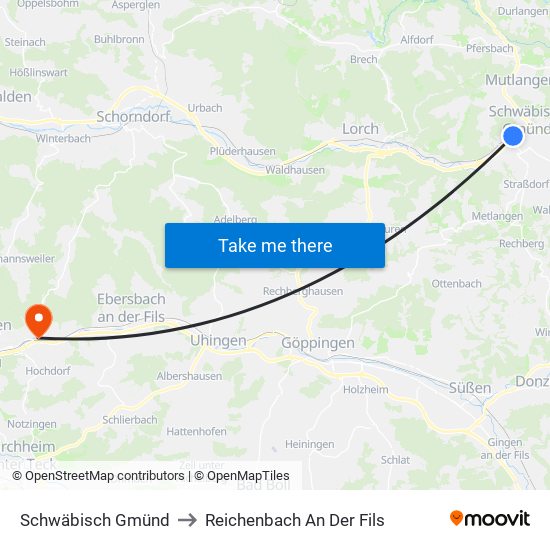 Schwäbisch Gmünd to Reichenbach An Der Fils map