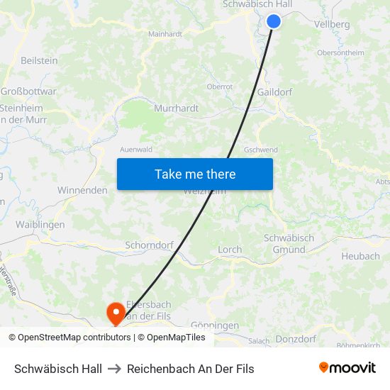 Schwäbisch Hall to Reichenbach An Der Fils map