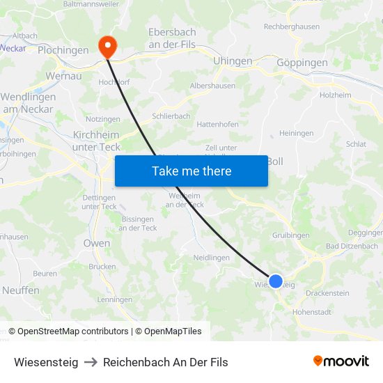 Wiesensteig to Reichenbach An Der Fils map