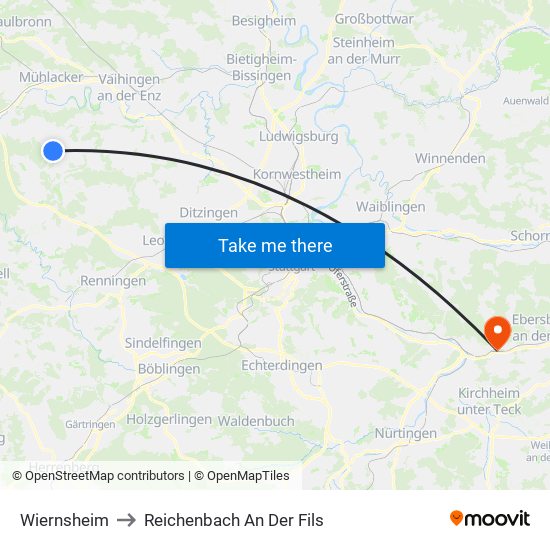 Wiernsheim to Reichenbach An Der Fils map
