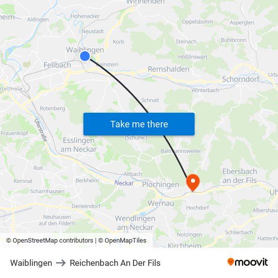 Waiblingen to Reichenbach An Der Fils map