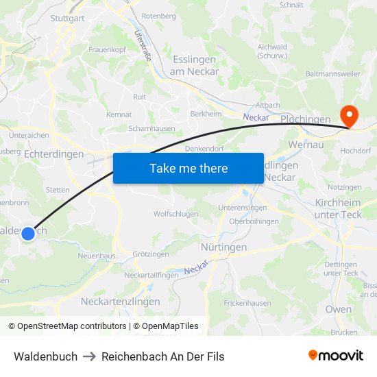 Waldenbuch to Reichenbach An Der Fils map