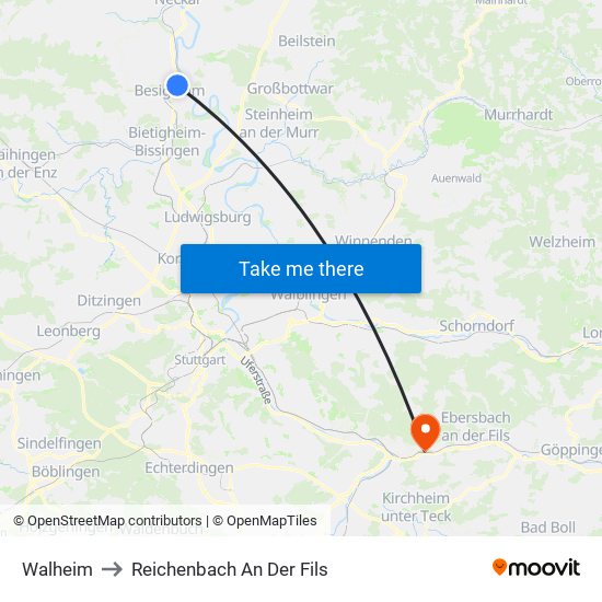 Walheim to Reichenbach An Der Fils map