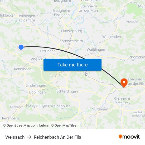 Weissach to Reichenbach An Der Fils map