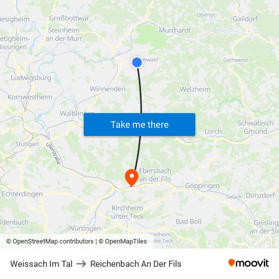Weissach Im Tal to Reichenbach An Der Fils map