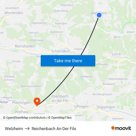 Welzheim to Reichenbach An Der Fils map