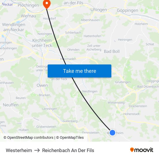 Westerheim to Reichenbach An Der Fils map