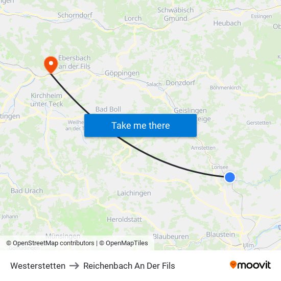 Westerstetten to Reichenbach An Der Fils map