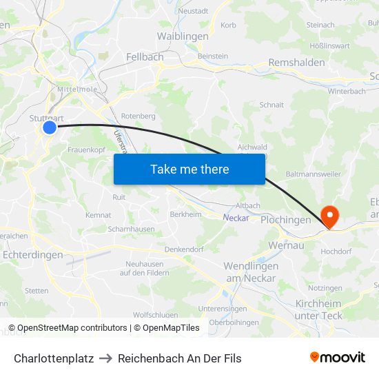 Charlottenplatz to Reichenbach An Der Fils map