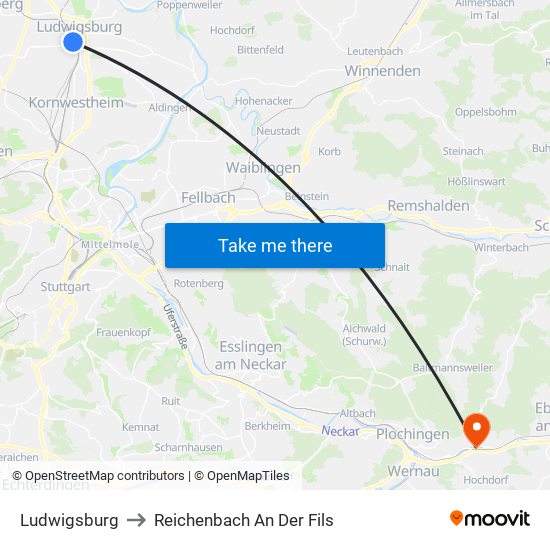 Ludwigsburg to Reichenbach An Der Fils map