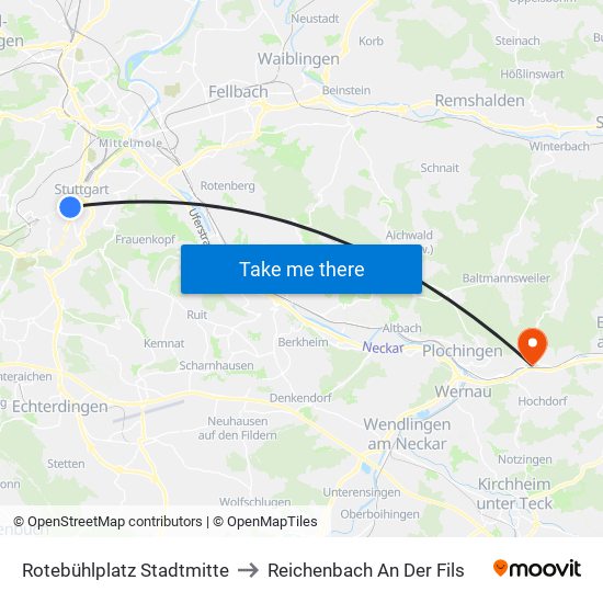 Rotebühlplatz Stadtmitte to Reichenbach An Der Fils map