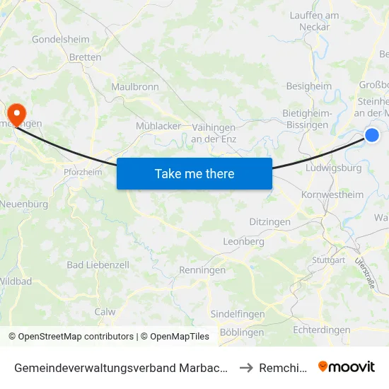 Gemeindeverwaltungsverband Marbach am Neckar to Remchingen map