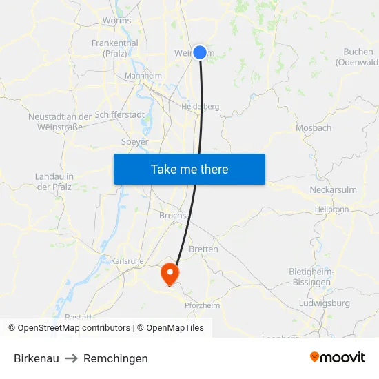 Birkenau to Remchingen map