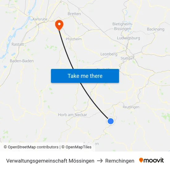 Verwaltungsgemeinschaft Mössingen to Remchingen map
