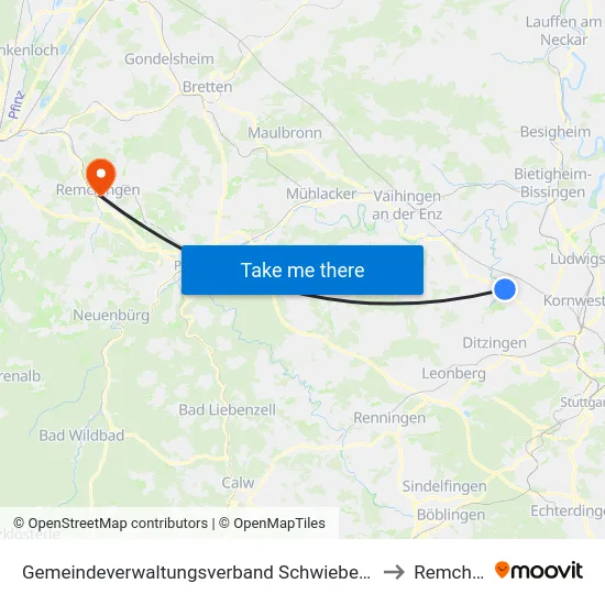 Gemeindeverwaltungsverband Schwieberdingen-Hemmingen to Remchingen map