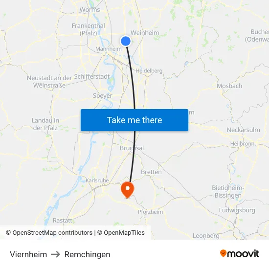 Viernheim to Remchingen map