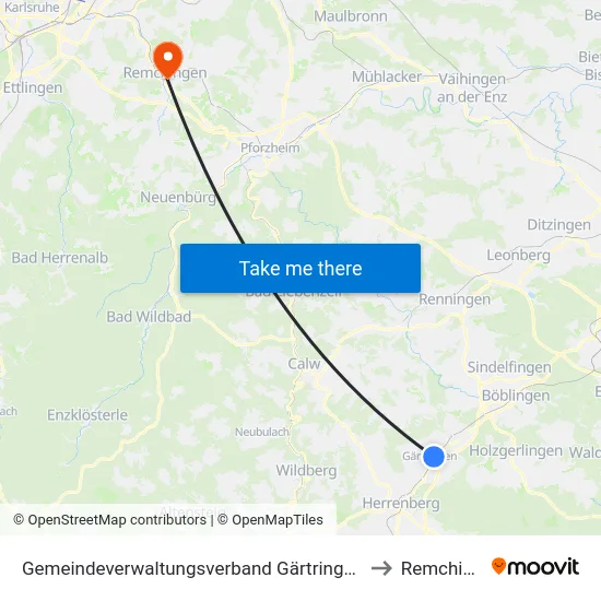 Gemeindeverwaltungsverband Gärtringen/Ehningen to Remchingen map